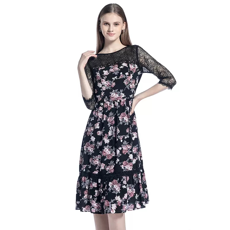 Shengyuzhu/声雨竹新款连衣裙 甜美修身五分袖中袖圆领中裙A字裙