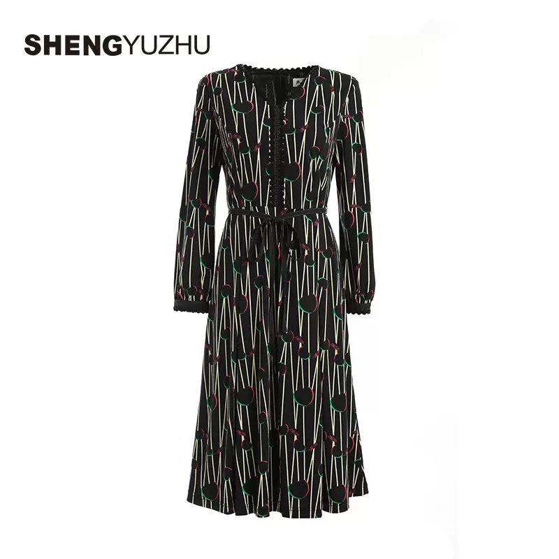 Shengyuzhu/声雨竹新款连衣裙长袖套头V领商场同款A字裙