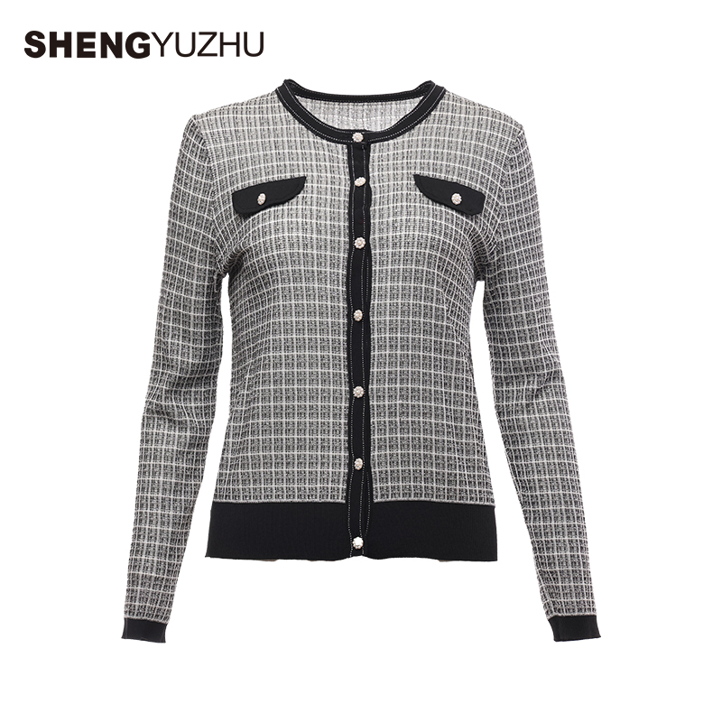 Shengyuzhu/声雨竹长袖针织衫小香风上衣女士气质时尚修身黑白