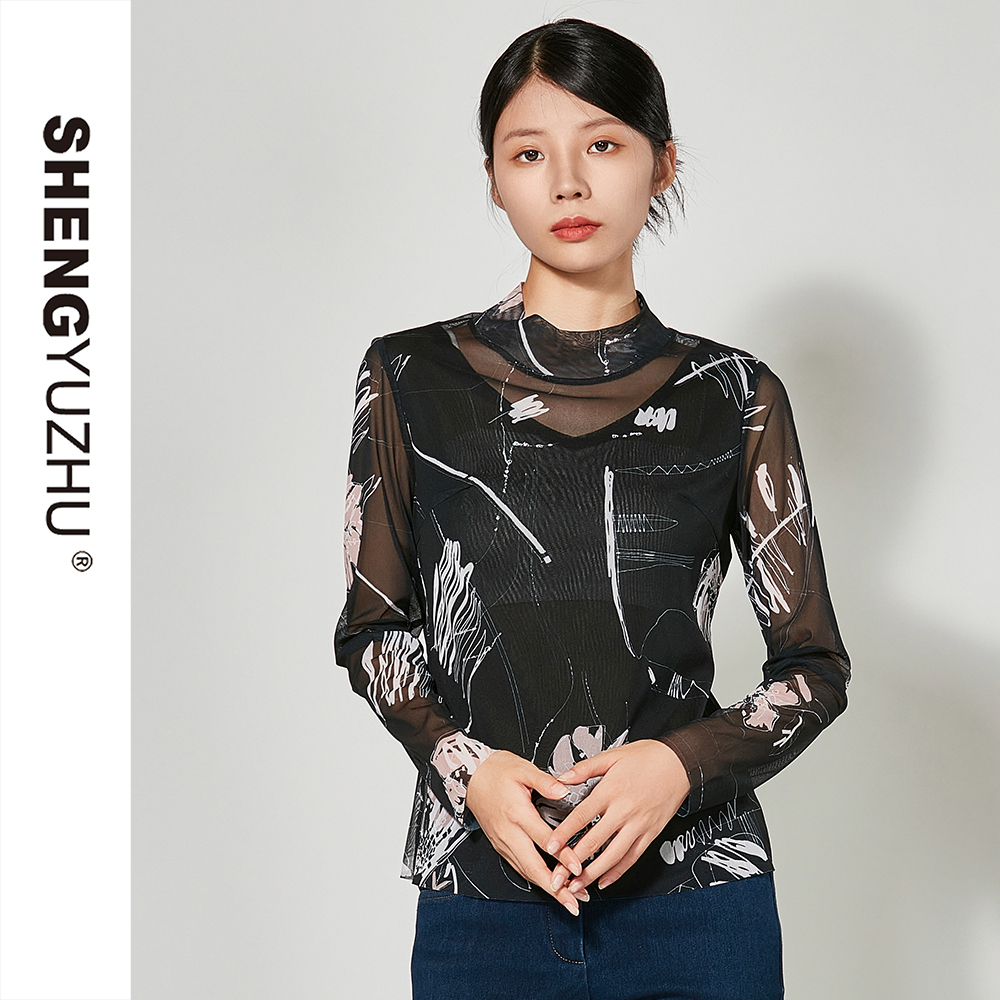Shengyuzhu/声雨竹新款时尚修身气质网纱黑色高领长袖针织衫