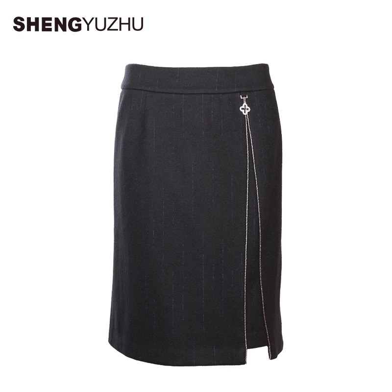 Shengyuzhu/声雨竹女士半身裙商场同款A字短裙子黑色开叉简约休闲