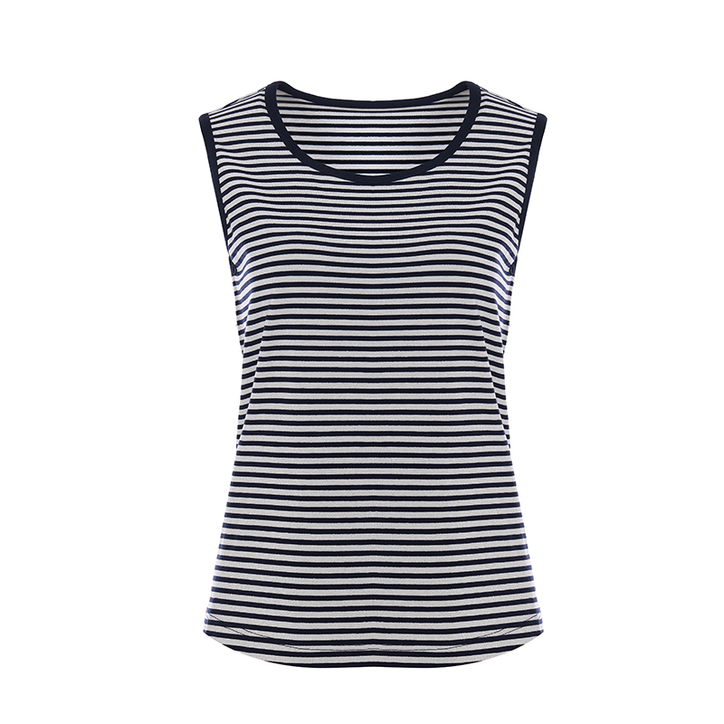 Shengyuzhu/声雨竹蓝色条纹钉珠图案无袖气质舒适显瘦背心