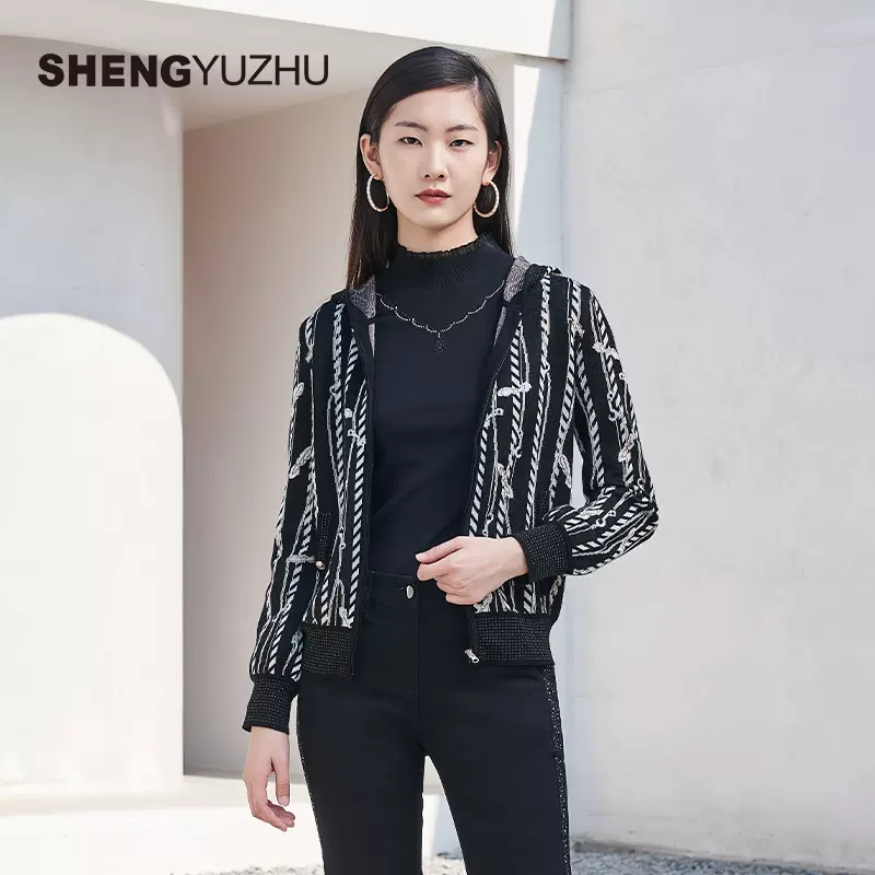 Shengyuzhu/声雨竹秋季新款毛衣女长袖开衫商场同款连帽外套