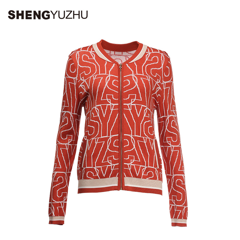 Shengyuzhu/声雨竹长袖针织衫女短款字母上衣时尚运动休闲印花