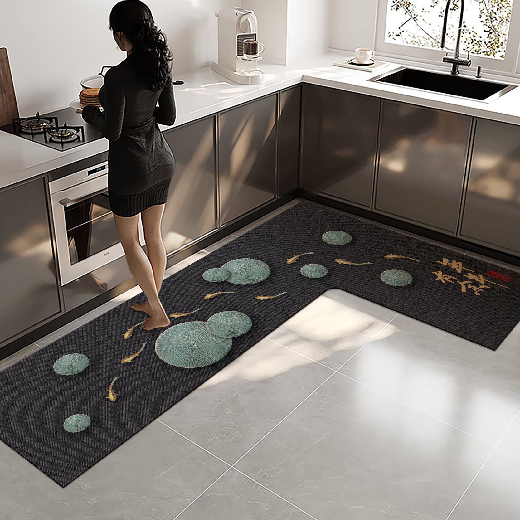 中式风厨房地垫硅藻泥L形整块吸水垫吸油防滑可擦洗地毯防油耐脏
