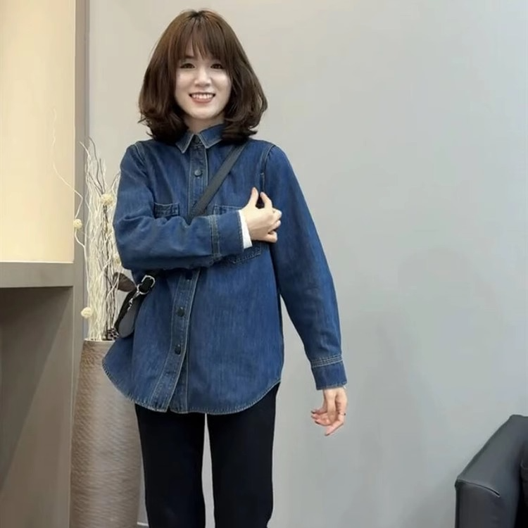 【小个子短款】深蓝色软牛仔衬衫女秋季内搭叠穿衬衣法式复古上衣