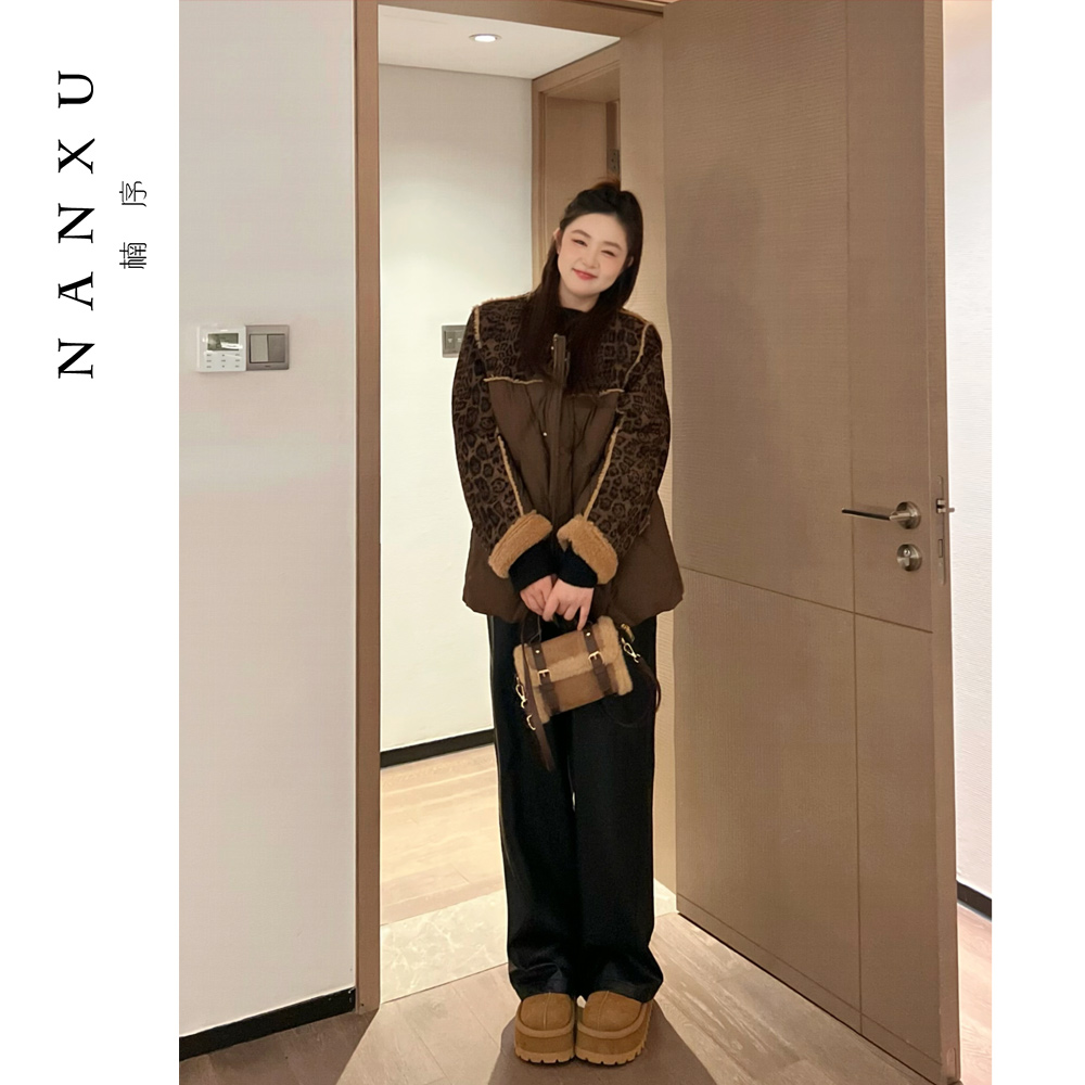 楠序安安大码女装 洋气衣服女拼接时尚豹纹保暖羽绒服女YZ33091