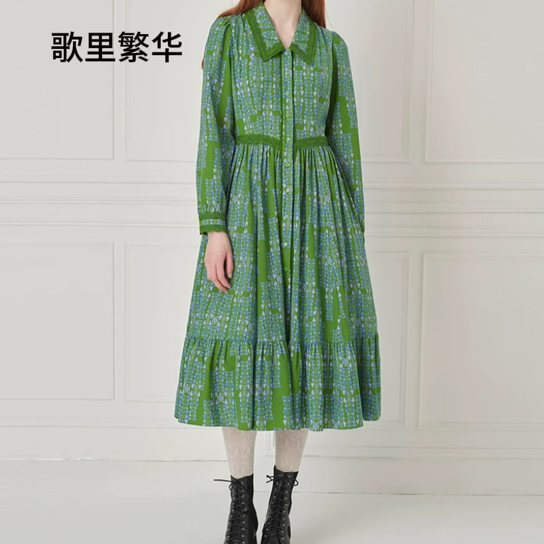 【滢滢专属】B+2024早秋新品泡泡袖花边翻领褶裥印花连衣裙0282