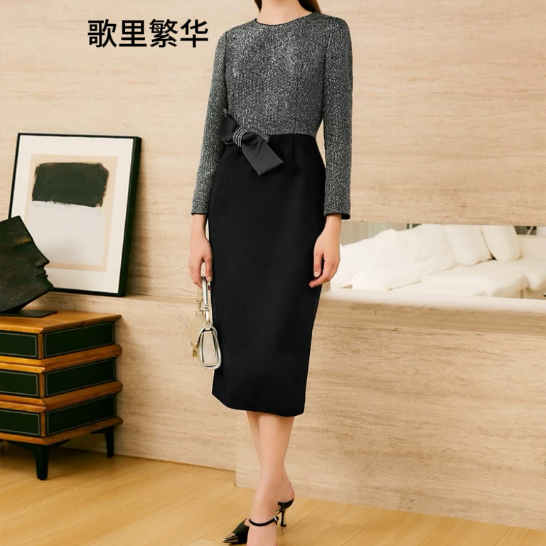【沐岩专属】G+2024冬季新款黑色高级商务风蝴蝶结连衣裙0045