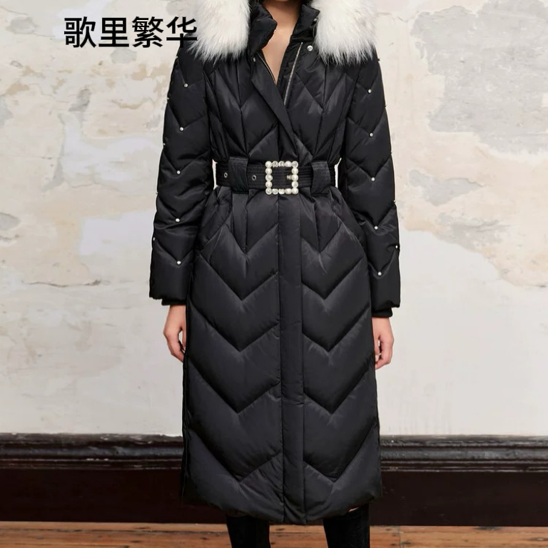 【女神专属】M+2024秋冬星钻羽绒服冬款收腰过膝长款貉子毛条领0154