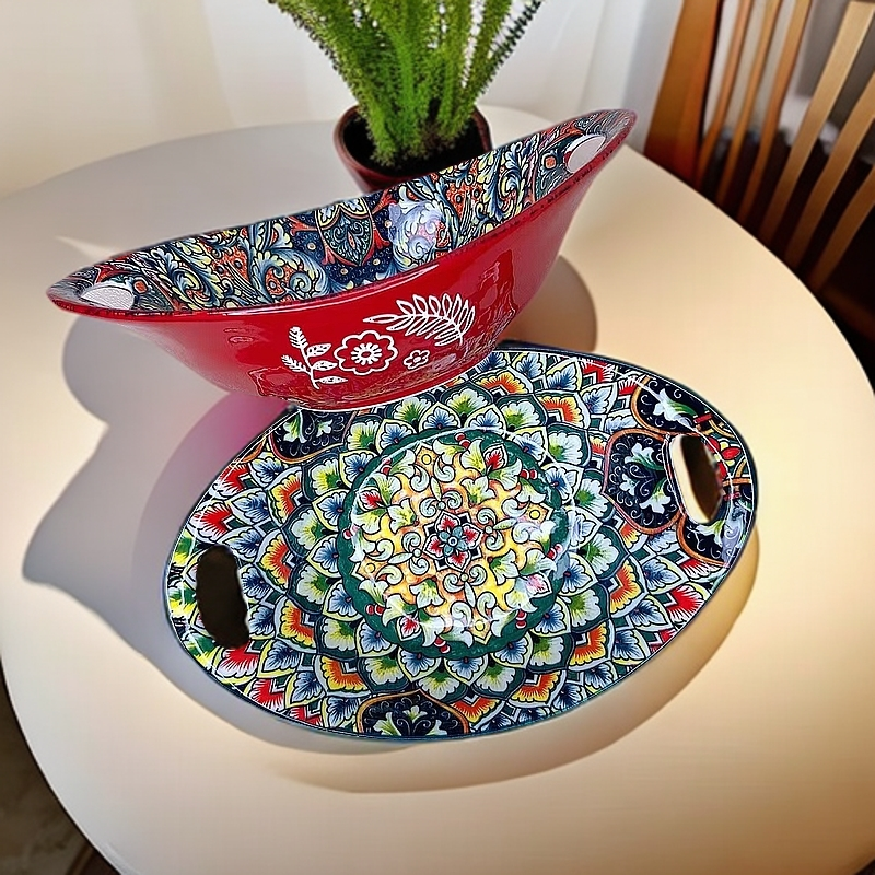 波西米亚喜庆元宝碗家用饭碗水果沙拉碗高档陶瓷碗盘餐具网红餐具