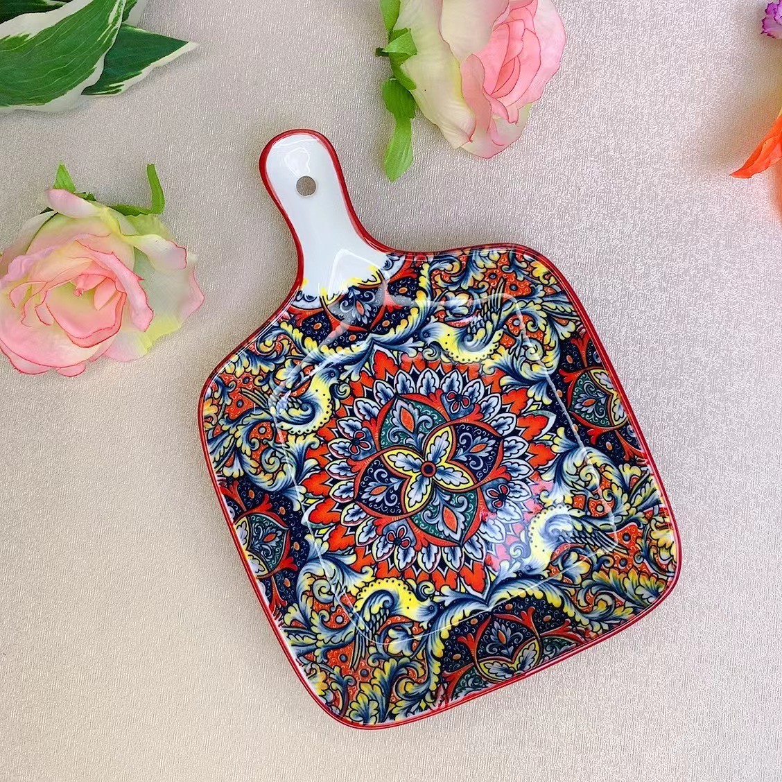 波西米亚双凤呈祥手柄盘家用烤盘网红餐具