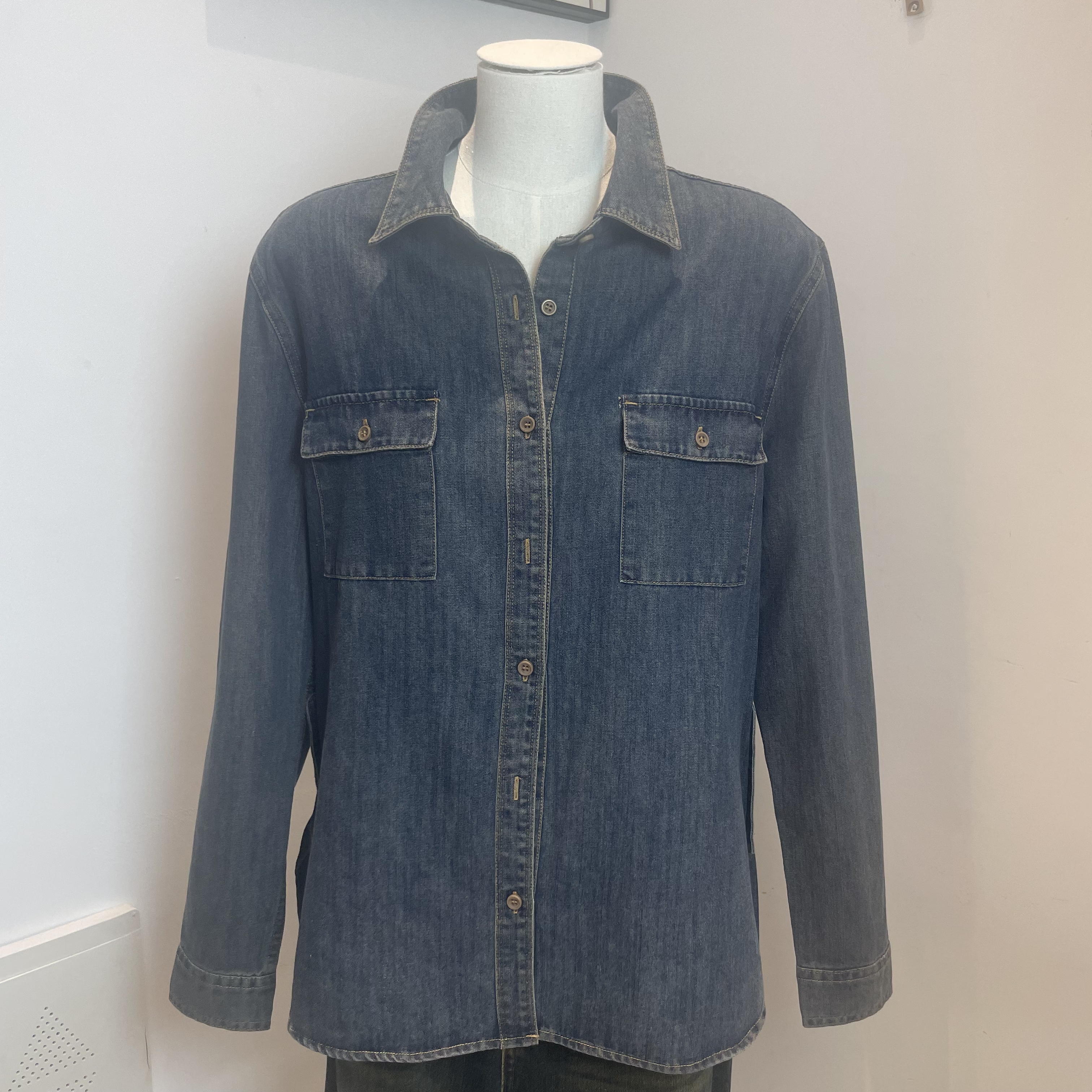 双口袋长袖蓝色时尚百搭休闲秋季翻领春季牛仔衬衫衬衣