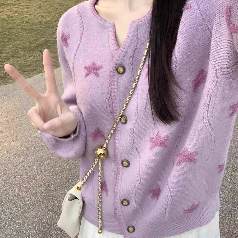 韩系早秋紫色针织开衫毛衣外套女甜美别致温柔气质外搭上衣2024