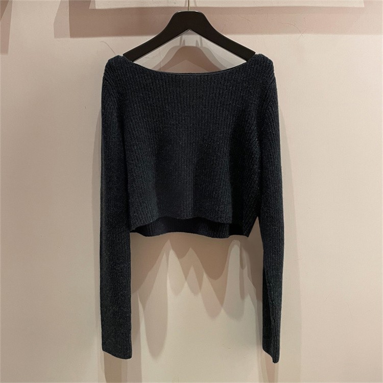 小众2025秋季新款打底衫一字肩套头短款毛衣罩衫黑色针织衫上衣女