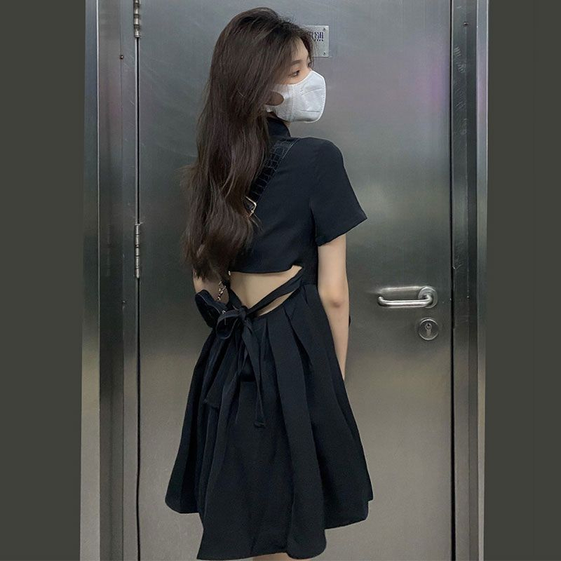 2025大码法式复古小心机后背绑带连衣裙夏季薄款收腰仙女赫本风小