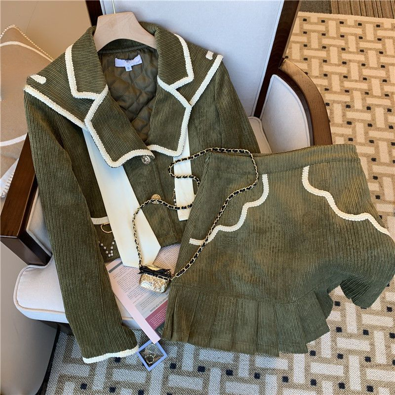 2025大码女装学院风套装新爆款高级感洋气撞色显瘦外套裙子两件套