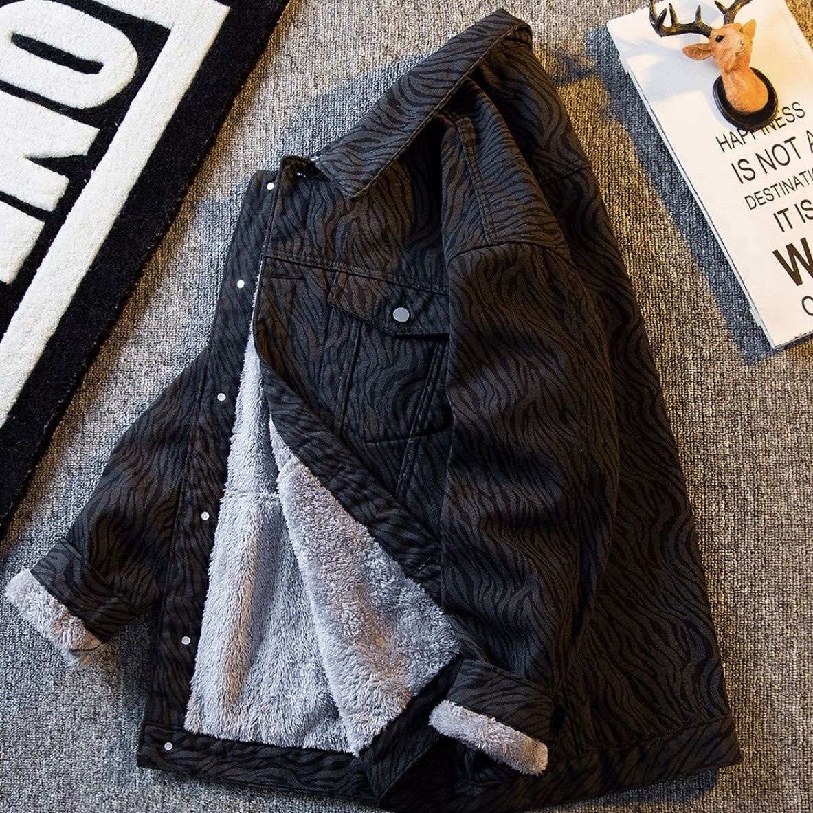 新款重磅马纹外套男秋冬季加厚加绒牛仔夹克男士外穿保暖冬装