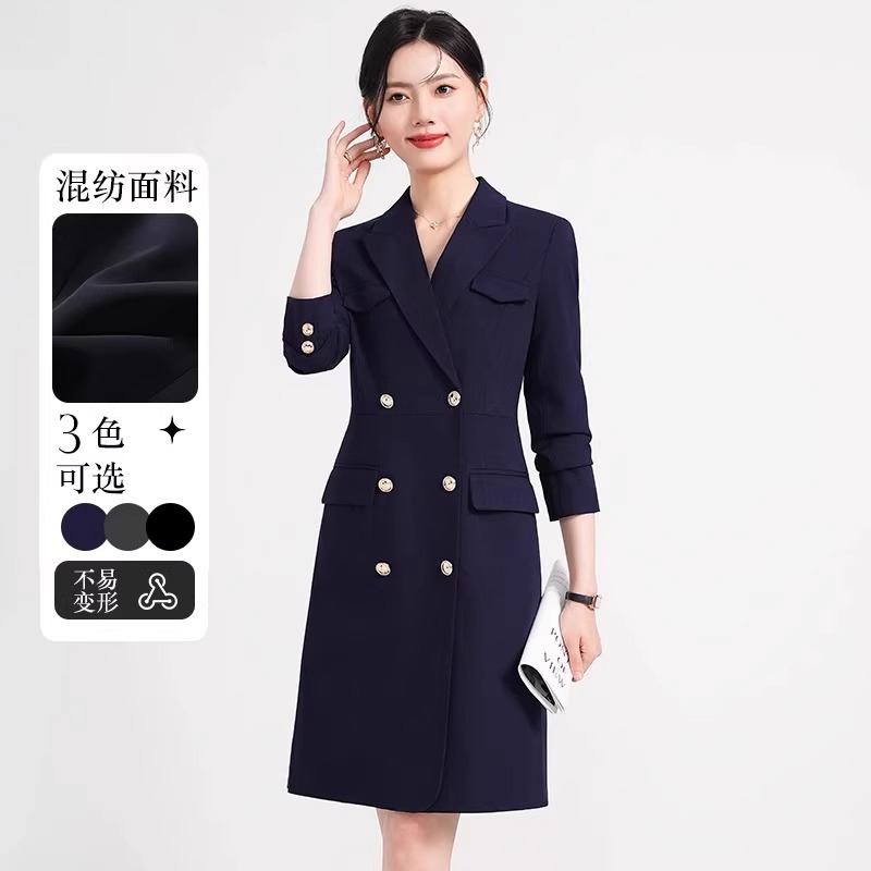 高级感西装连衣裙女秋季小个子藏蓝色职业套裙珠宝店双排扣工作服