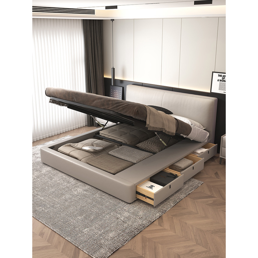 小户型齐边储物床意式软包极简真皮收纳床双人婚床轻奢简约主卧床