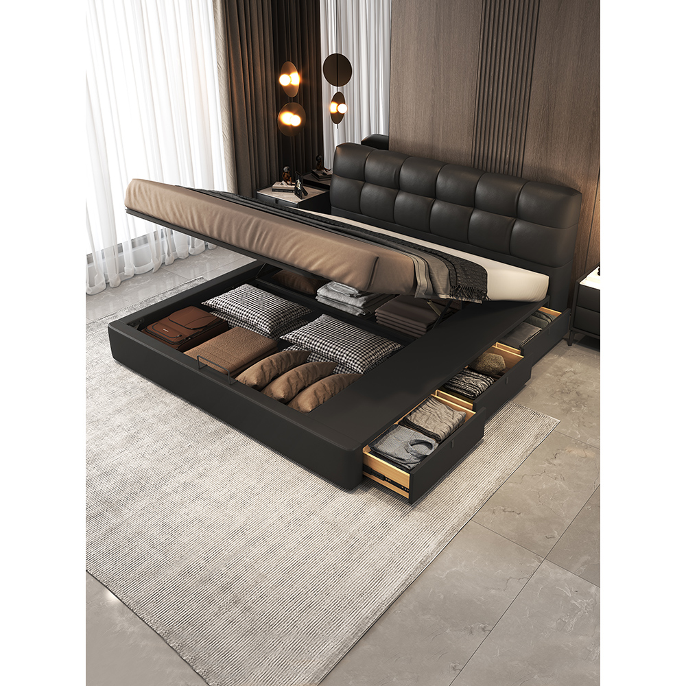 泡芙齐边储物床主卧高端大气真皮双人婚床意式现代简约黑色高箱床