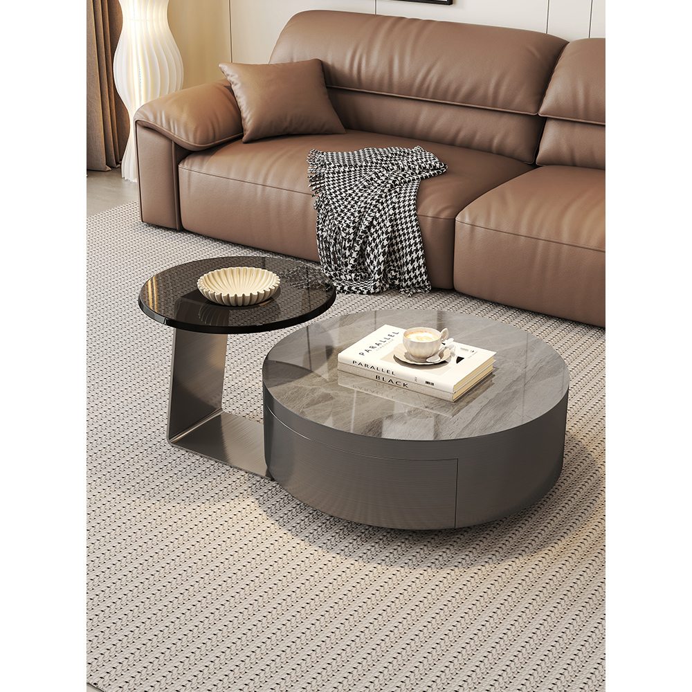 轻奢圆形岩板茶几客厅家用小户型简约现代高端大气不锈钢组合茶几