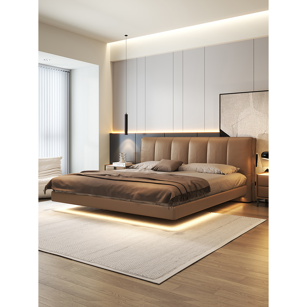 钢琴键意式极简悬浮床主卧室床双人床软包婚床现代轻奢带灯真皮床