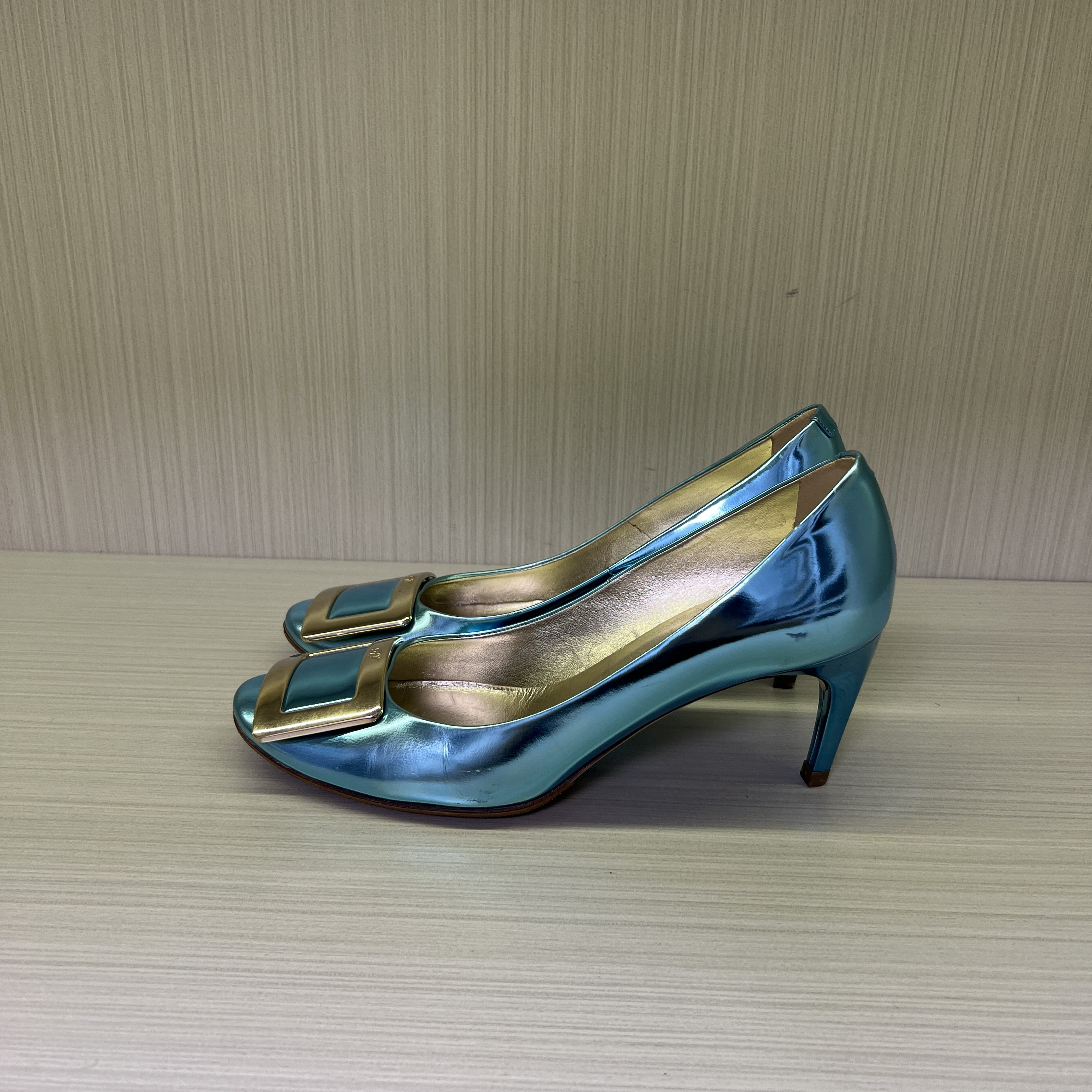 95新 ROGER DUBUIS/罗杰杜彼 37码/蓝色方扣高跟鞋/8748887