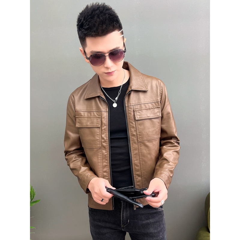 2024新款男装皮衣外套男高级感痞帅翻领修身短款皮夹克外套男休闲