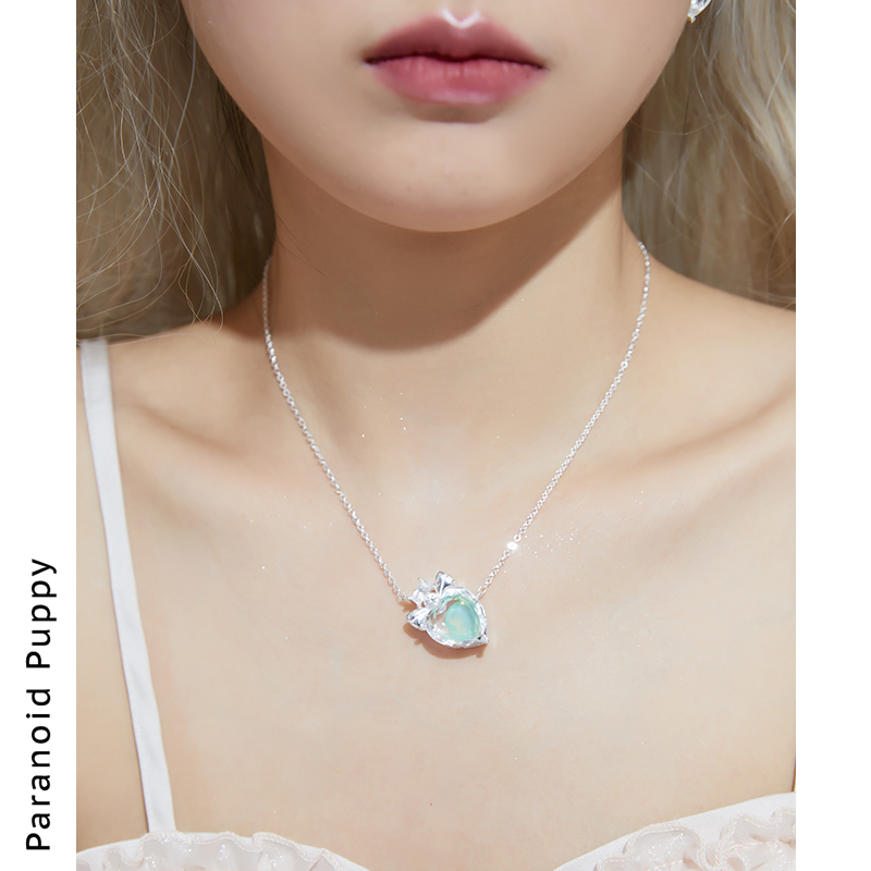 铜合金合成锆石项链 《牧野之春》薄荷曼波 爱心项链女轻奢高级颈链