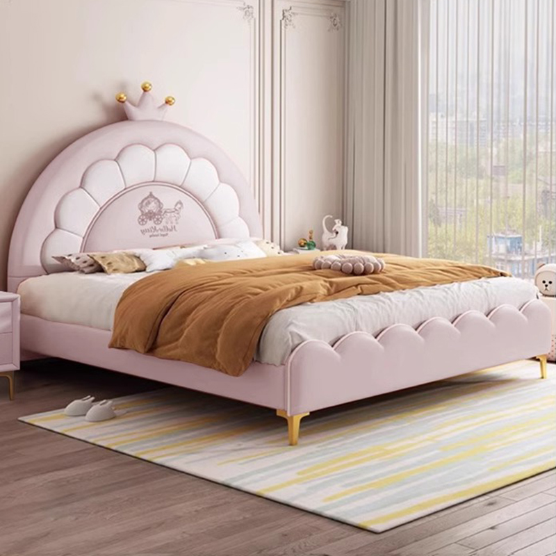 皇冠现代简约公主床1.2米少女单人儿童床女孩粉色卧室1.5米真皮床