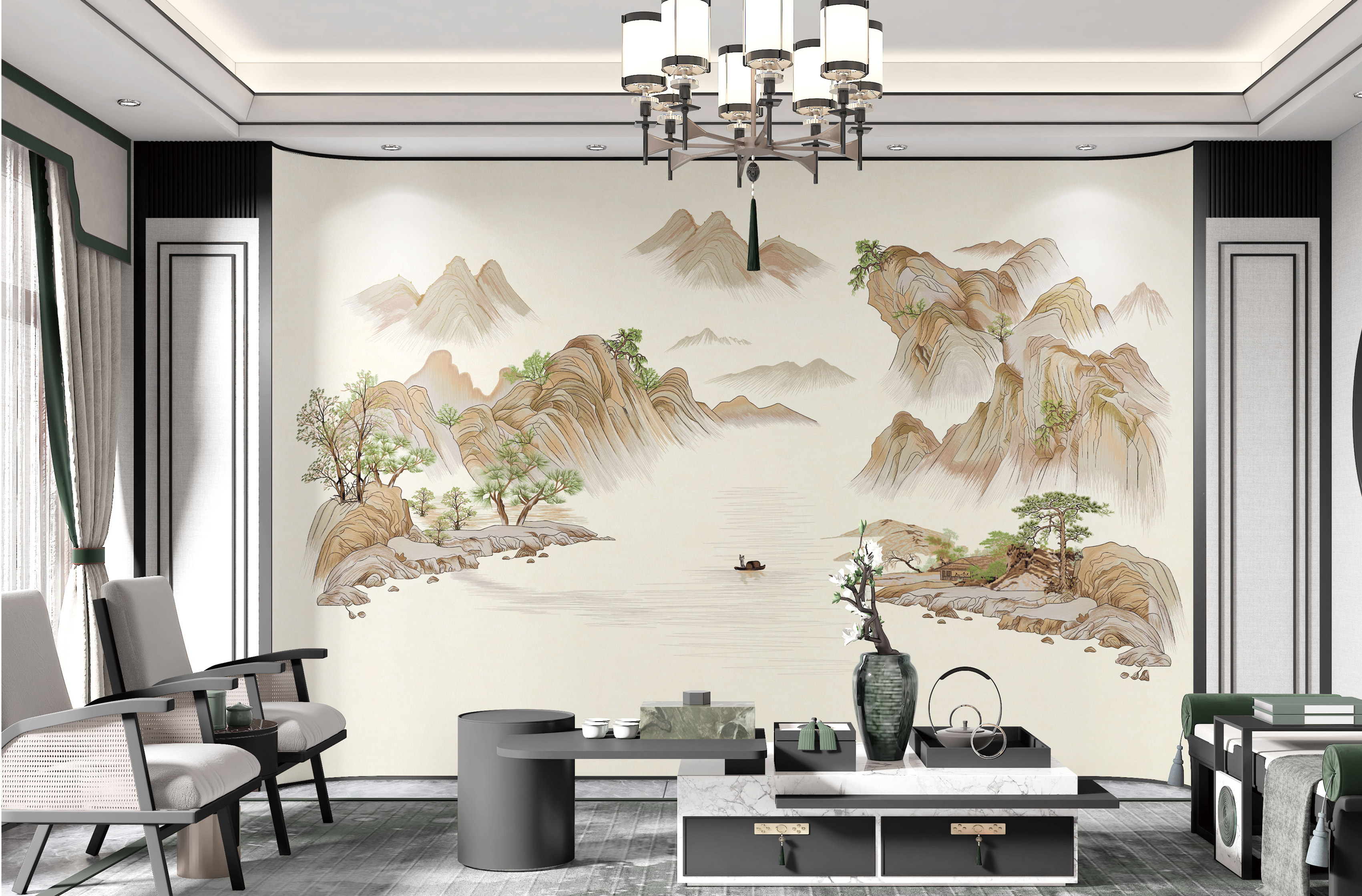 三哥新中式刺绣背景  高山云境-E5 沙发背景  卧室背景  客厅背景