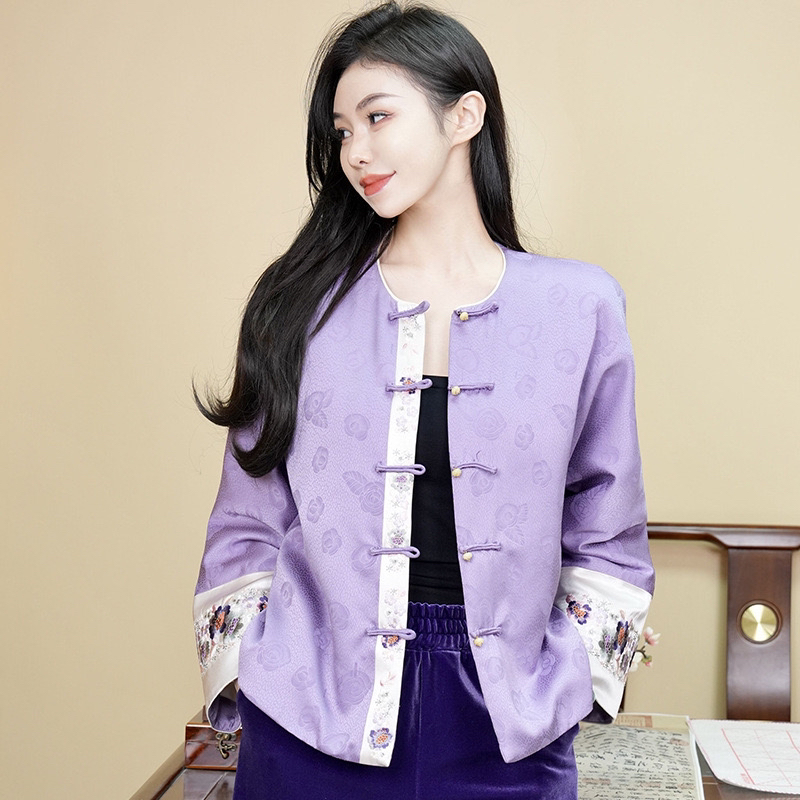 中国风气质高级感复古新中式盘扣外套紫色提花刺绣民族风上衣