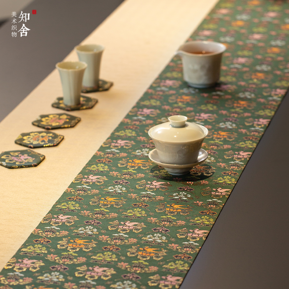 瑞彩玄鸟纹织锦茶席新中式复古风宫廷布艺桌旗民宿喝茶馆酒店