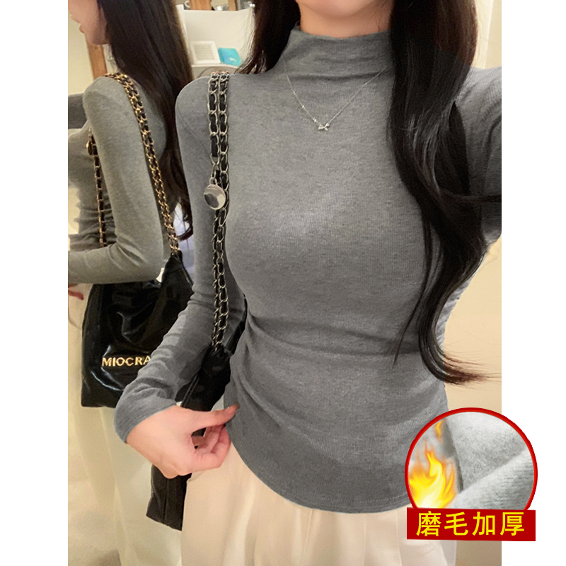 半高领长袖T恤女秋冬季设计感褶皱收腰显瘦修身打底衫内搭上衣服