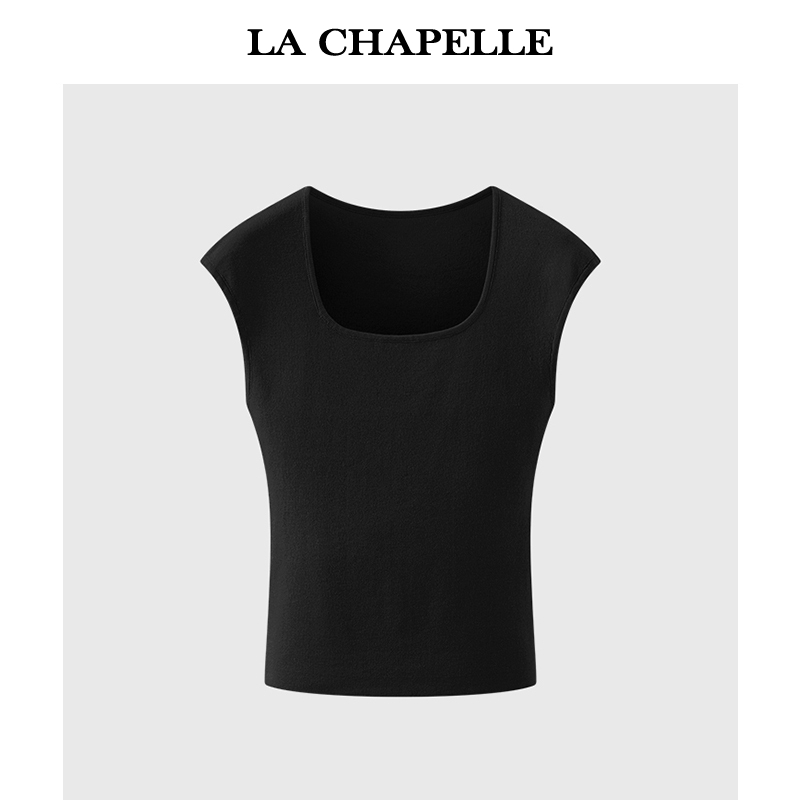 拉夏贝尔/LaChapelle方领小飞袖针织上衣女气质通勤纯色修身打底