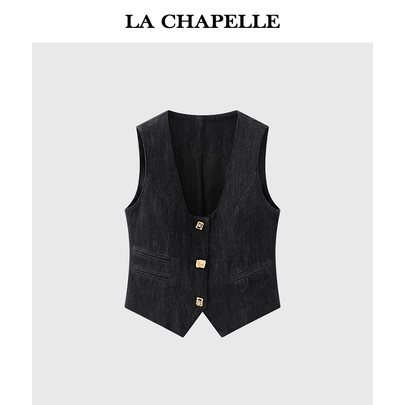 拉夏贝尔LaChapelleU领不规则别致牛仔马甲女时尚复古无袖马夹