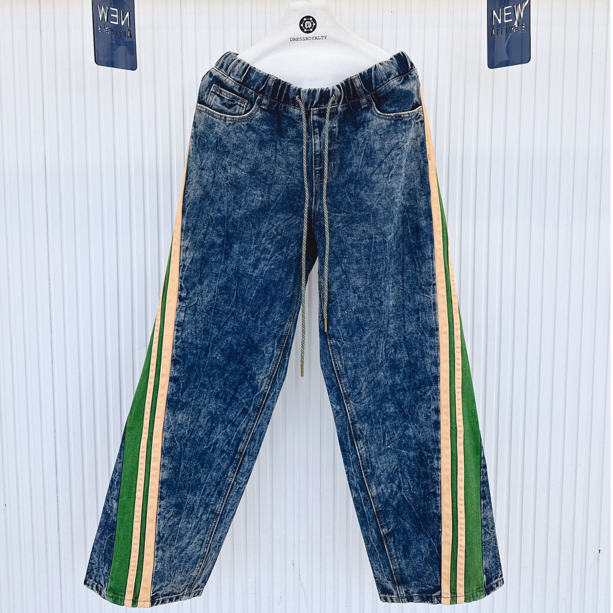 DRESS ROYALTY绿拼边男女同款松紧腰牛仔裤秋冬新款时尚D0402