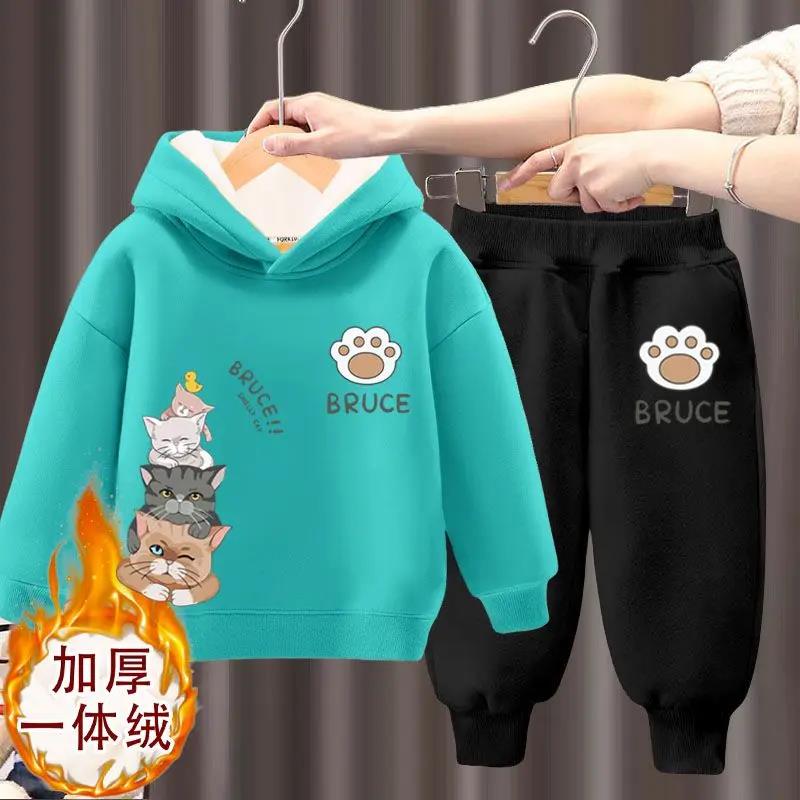 男童套装2023款休闲长袖加绒加厚卫衣秋冬款女宝宝加厚卫裤加厚装