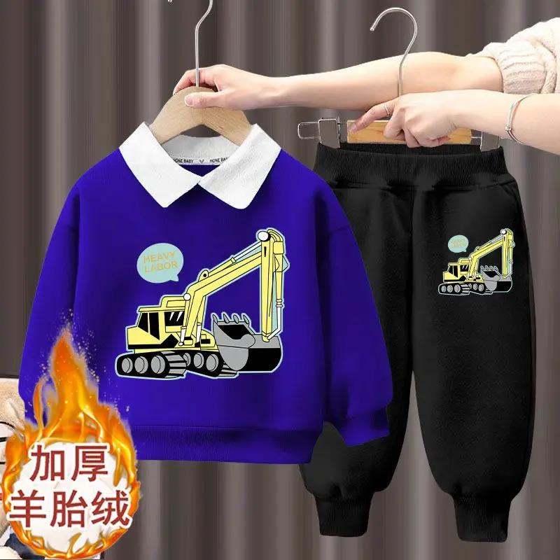 男童加绒套装冬季新款挖掘机长袖Polo领套头衫卡通洋气假加厚装潮