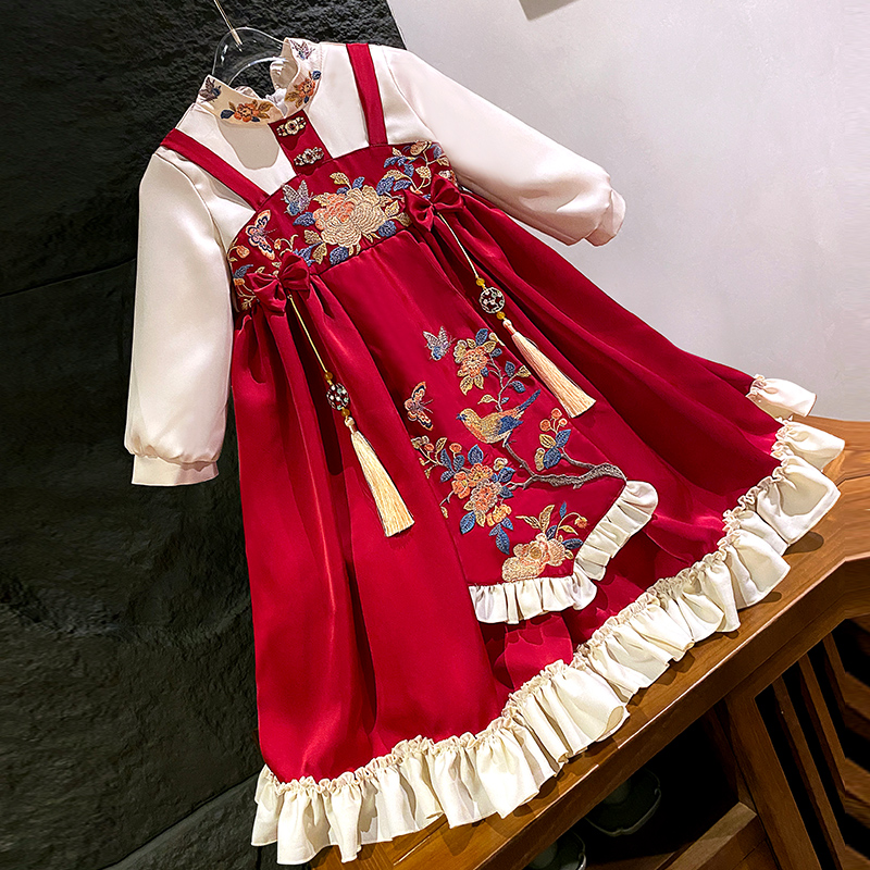 女童中秋节汉服连衣裙秋冬款2023新款中国风拜年服红色长袖公主裙