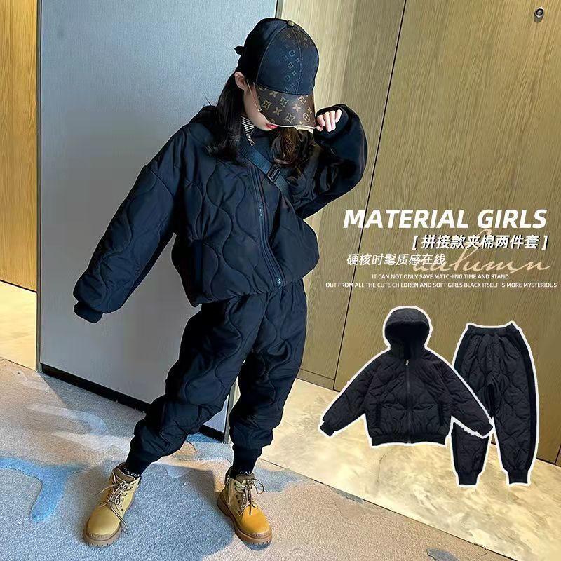 女童夹棉套装2023秋冬新款中大童拼接棉服外套束腿裤百搭两件套潮