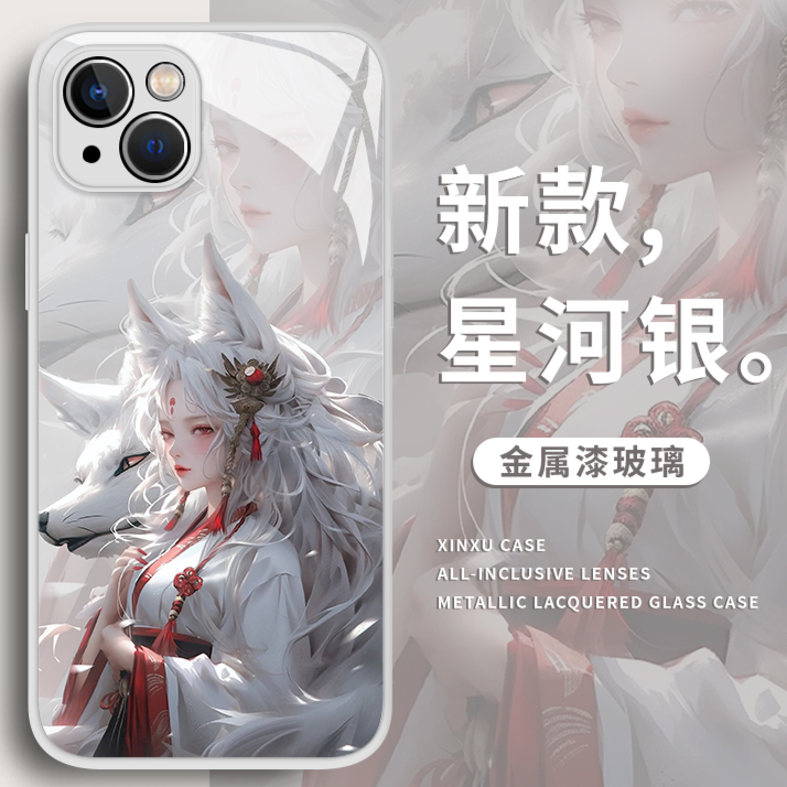 适用苹果15PRO/14华为OPPOvivo小米新款狐狸女孩金属漆玻璃手机壳