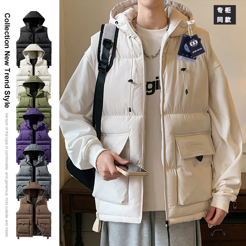凯文三叶草秋冬男士棉马甲连帽拼接休闲加厚保暖无袖外套坎肩背心