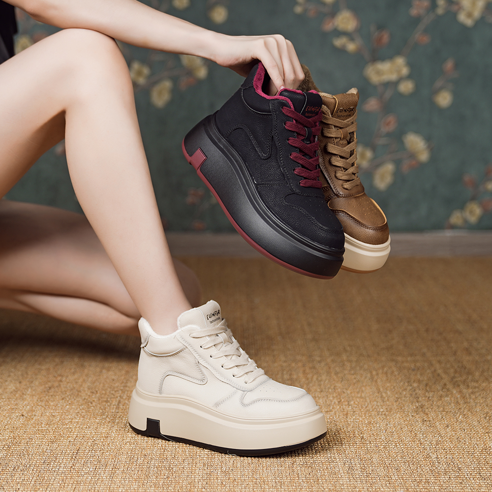 【W】真皮高帮百搭小白鞋女款2025春秋冬新款厚底网红休闲鞋 23760
