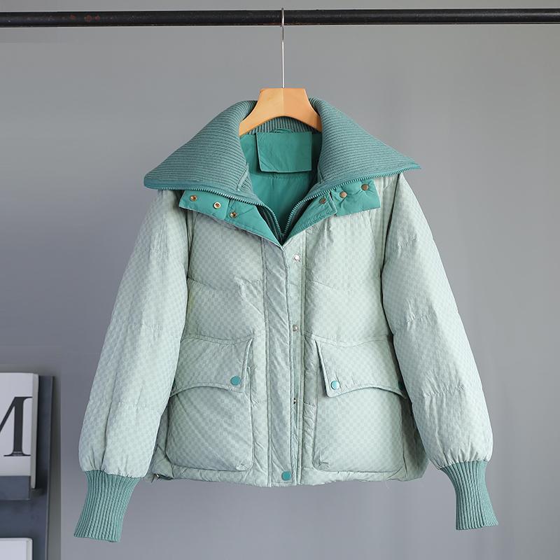 时尚棋盘格羽绒服女冬短款2023年新款假两件小个子白鸭绒保暖外套