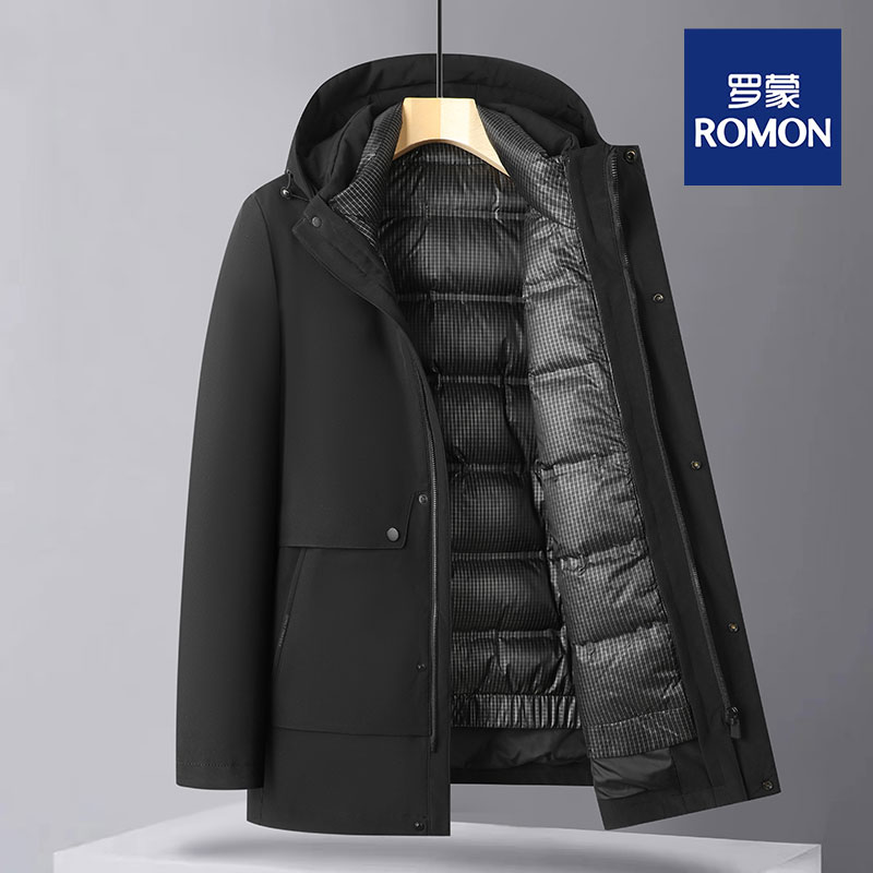 Romon/罗蒙冬季男士商务羽绒服带帽防风鹅绒加厚一衣三穿外套6836