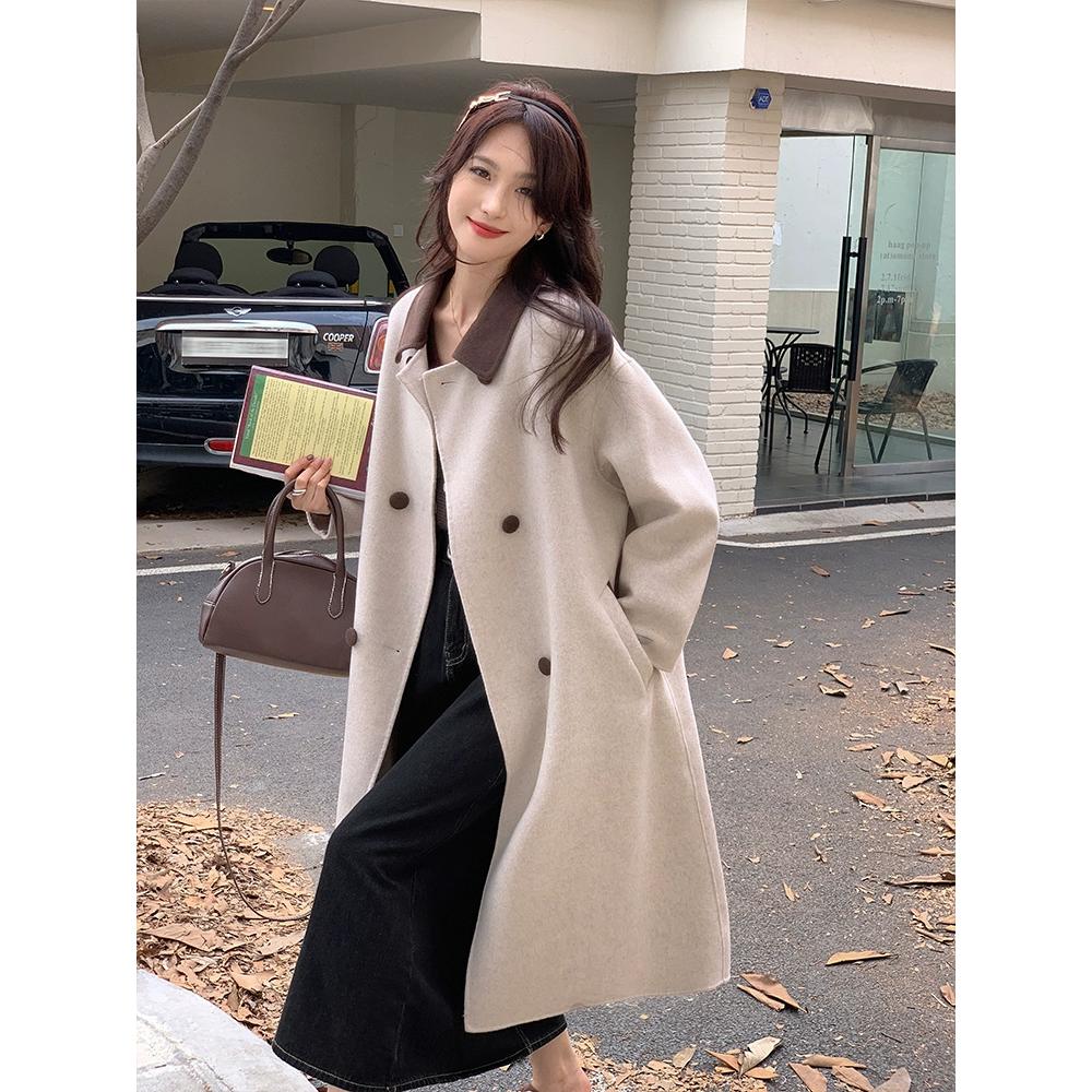 韩系米色大衣女中长款2023秋冬新款小众设计感撞色慵懒风毛呢外套
