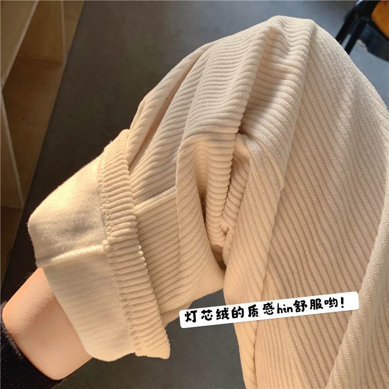 大码白色灯芯绒加绒阔腿裤女秋冬胖妹妹宽松200斤垂感直筒裤子潮