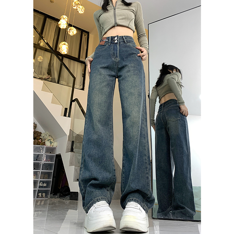 直筒牛仔裤女2023秋冬新款高腰宽松显瘦小个子大码垂感阔腿长裤